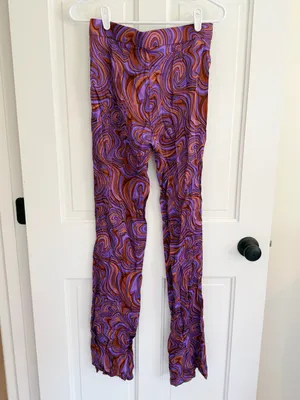 Zara NWT Retro Swirl Print High‎ Rise Flare Pants Purple Brown Size S thumbnail 2