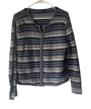 Eagle's Eye Vintage‎ 90s Large 100% Wool Blue Striped Grunge Full Zip Sweater thumbnail 1