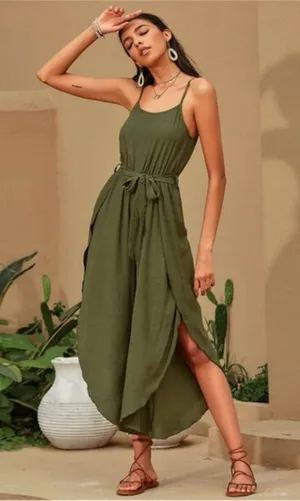 Olive Green High Slit Jumpsuit Spaghetti Strap Belted Wide Leg Boho Women M NWT thumbnail 1