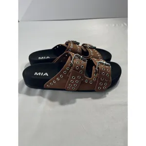 MIA‎ Brooklyn Grommet Buckle Double Strap Slide Sandals Women 6 Brown Edgy Punk thumbnail 3