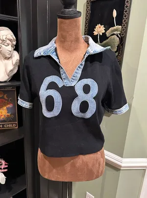 IMMODEL Denim‑Trim Cropped Jersey Top – Patch “68” – Size Large Blue thumbnail 1