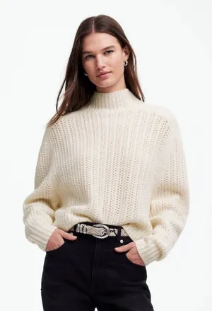 Madewell NWT‎ White Pointelle Mock Neck Merino Wool Sweater thumbnail 1
