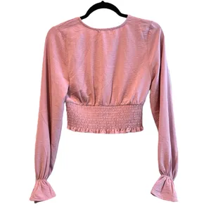 Altar’d State Long Sleeve Flocked V Neck Crop Top‎ Mauve Pink Size Medium thumbnail 2
