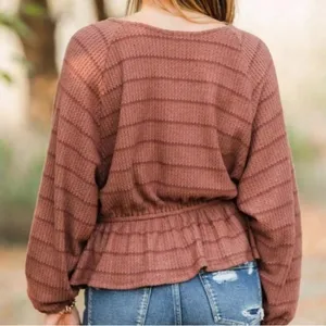 Buckle En Creme Striped Waffle Knit Peplum Top thumbnail 7