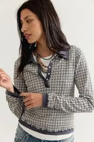 Free People Polo Top Women Size M Neutral Combo NWT Floral Geometric Long Sleeve thumbnail 1