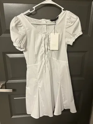 Zara White Puff-Sleeve Lace-Up Mini Dress thumbnail 1