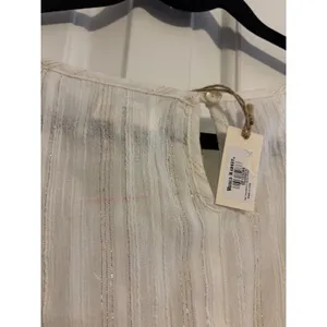 World Market Blouse Boho Cream‎ Gold Metallic Pinstripe Peplum L/XL NWT thumbnail 9