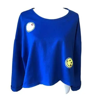 SugarHigh Clothing Blue crop sweatshirt with yellow smiley faces thumbnail 1