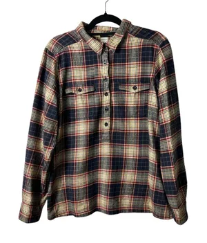 Patagonia Womens Organic Cotton Plaid‎ Flannel Popover Shirt Navy Red Yellow 12 thumbnail 1