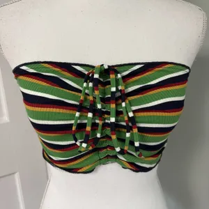 NWT Urban Outfitters Strapless Crop Top‎ Medium Ribbed Striped Green Red Black thumbnail 1