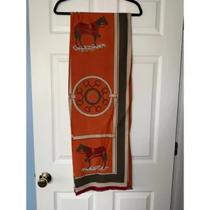 Equestrian Horse‎ Bit Print Oversized Scarf Wrap Orange Green Fringed Shawl thumbnail 5