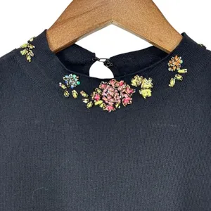 Vintage JAC Black Ribbed‎ Sleeveless Beaded Mock Neck Shell Tank Top Retro Girly thumbnail 2