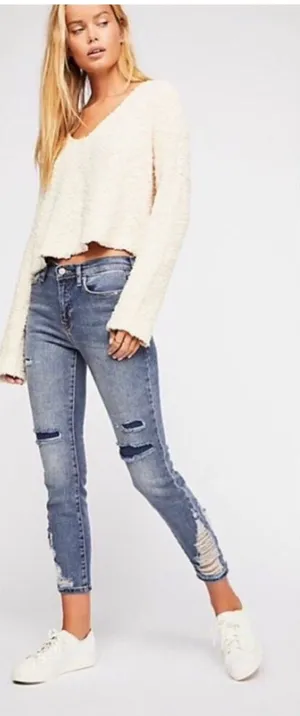 Free People About A Girl Distressed Patchwork Skinny Jeans‎ Women's 26 Blue Boho thumbnail 1