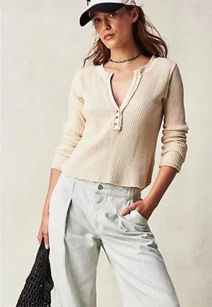 Free People Cream Waffle Knit Henley Long Sleeve thumbnail 1
