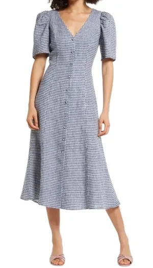 Women’s Reformation Newbury Gingham Print Button Front Linen Midi Dress Size 4 thumbnail 1
