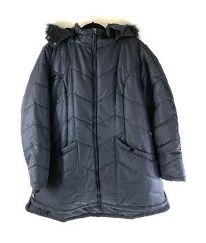 Catherines Womens Puffer Coat Hooded Faux Fur Trim Pockets Zip Navy Blue Size 0X thumbnail 1
