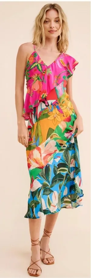 Farm Rio Midi Dress Sm Tropical Ruffle Asymmetric Boho Botanical Anthropologie thumbnail 1