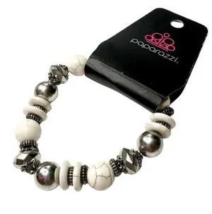Paparazzi Beaded Stretch Mesa Marbled Maverick Bracelet Stackable White Silver thumbnail 1