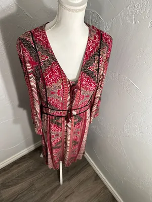 Reba Red & Brown Boho Tie-Front Long-Sleeve Midi Dress thumbnail 8
