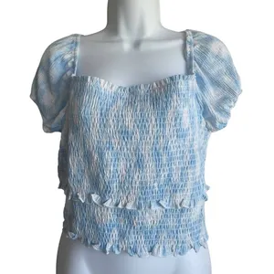 Lush Clothing Smocked Babydoll Top XL Blue White‎ Milkmaid Puff Sleeve Cottagecore thumbnail 1