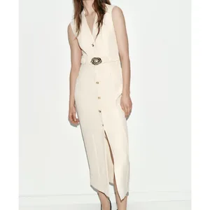 Zara Ecru Midi Dress Gold Buttons Sophisticated Minimalist Quiet Luxury Cream thumbnail 10