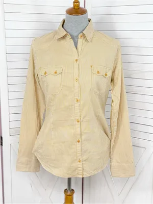 Zara TRF Striped Elbow Patch Western Style Button Up Shirt Yellow Medium thumbnail 1