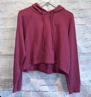 Nike ribbed cropped hooded long sleeve shirt pullover Medium logo maroon thumbnail 1