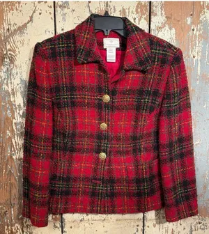 Vintage Susan Bristol red black plaid tweed blazer size 8, girl boss office thumbnail 1