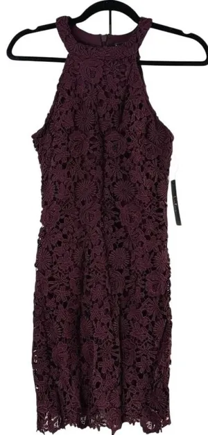 Lulus Love Poem Burgundy‎ Crochet Lace Halter Dress Mini Romancore NWT Small thumbnail 1