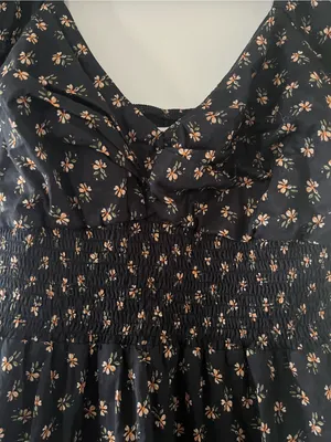 Black Orange Floral Print Puff Sleeve Smocked Midi Dress Medium Cottagecore thumbnail 4