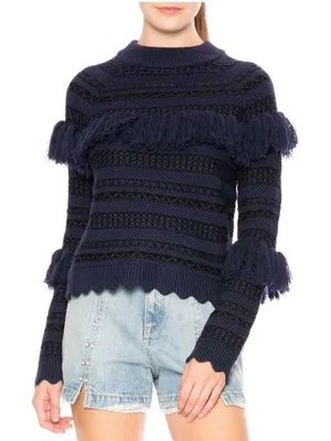 Jonathan Simkhai Tassel Fringe Knit Wool Sweater Black Blue‎ Stripe thumbnail 1