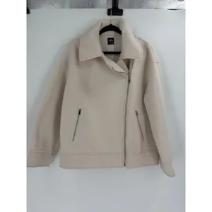 Zara Biker Jacket Women Medium White Boucle Asymmetric Zip Oversized Minimalist thumbnail 4