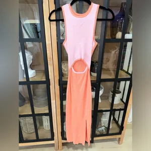 Petal & Pup Sofi midi dress bodycon ribbed colorblock coral pink slit cutout thumbnail 2