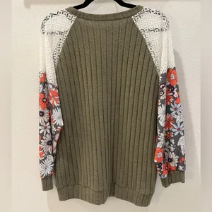 Olive Green Floral Patchwork Blouse Ribbed Lace Balloon Sleeve Whimsigoth XL thumbnail 11