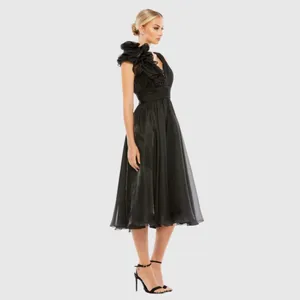 MAC DUGGAL Black Plunging V Neck Ruffled A-Line Cocktail Dress Size 2 Black Tie thumbnail 3