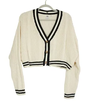 BDG Schoolgirl Ivory Black Varsity Stripe Cropped Cable Knit Cardigan Size Large thumbnail 1