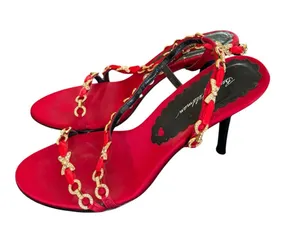 VTG Beverly Feldman Satin Gold & Rhinestone Lipstick Red 3” Stiletto Heel Sz 10 thumbnail 1