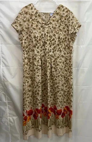 Vintage BLAIR women's beige floral v-neck loose‎ relaxed zip ankle modest dress thumbnail 1