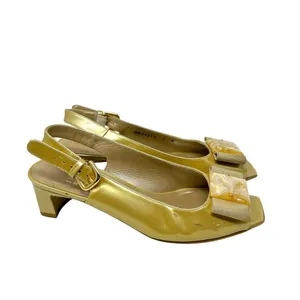 Stuart Weitzman Vintage Gold Tan Bow Kitten Open‎ Toe Heels Size 6 thumbnail 4