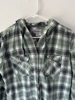 Carhartt Relaxed Fit Flannel Hooded Green White Plaid Button Front Shirt thumbnail 3