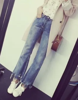 Bell leg fringe edge cropped washed denim thumbnail 1