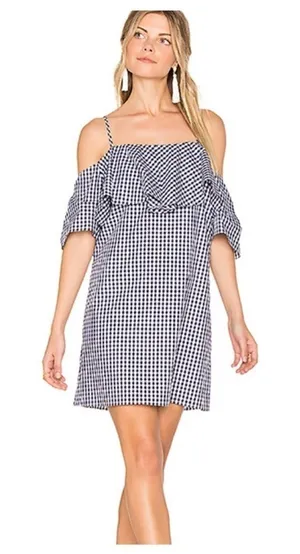 Amanda Uprichard Marise Dress Navy Gingham Ruffle Size medium m revolve thumbnail 1