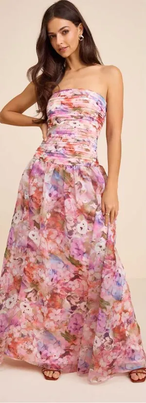 Lulus Kasandra Pink Multi Floral Organza Drop Waist Maxi Dress Size XL Strapless thumbnail 1