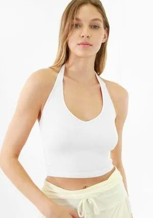 NIKIBIKI New White Ribbed Halter Crop Top thumbnail 1