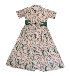 Beau & Ro Peacock Floral Block Print Cotton Midi Shirt Dress S Cream Green Boho thumbnail 1