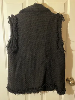 Zara Black Textured Tweed Waistcoat with Frayed Trims and Gold Buttons thumbnail 10