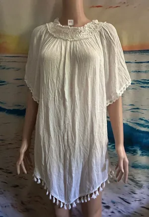 Nouveau Beach Women's White Tassel Hem Peasant Dress Swim Cover Up MD NWT thumbnail 1
