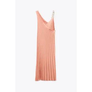 NEW ZARA Pleated Dress with Chain Strap Peach Midi Gold Faux Wrap Surplice XS thumbnail 4