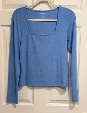 American‎ Eagle Blue Pointelle Ribbed Square Neck Long Sleeve Top Large thumbnail 1
