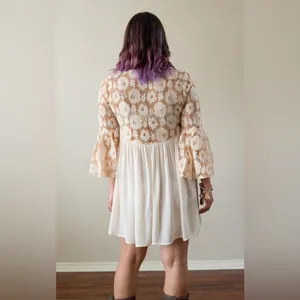 Boho Lace Bell Sleeve Babydoll Mini Dress / Tunic Festival Hippie Cottagecore M thumbnail 3